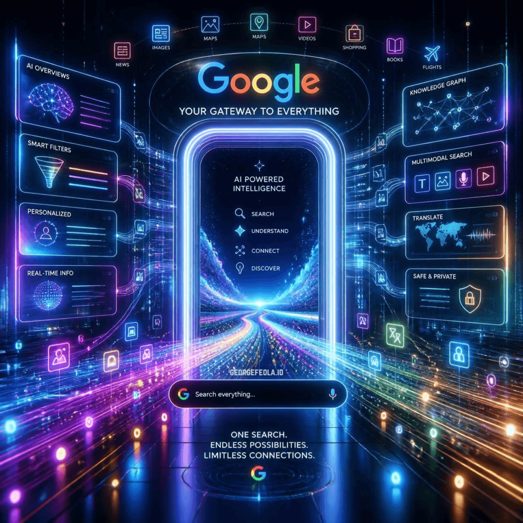 Alt text: Futuristic Google-themed digital gateway with neon data streams, AI-powered intelligence panel, search bar, and surrounding icons for maps, images, news, shopping, videos, and knowledge graph, symbolizing Google as the first digital touchpoint and AI as the new search filter.