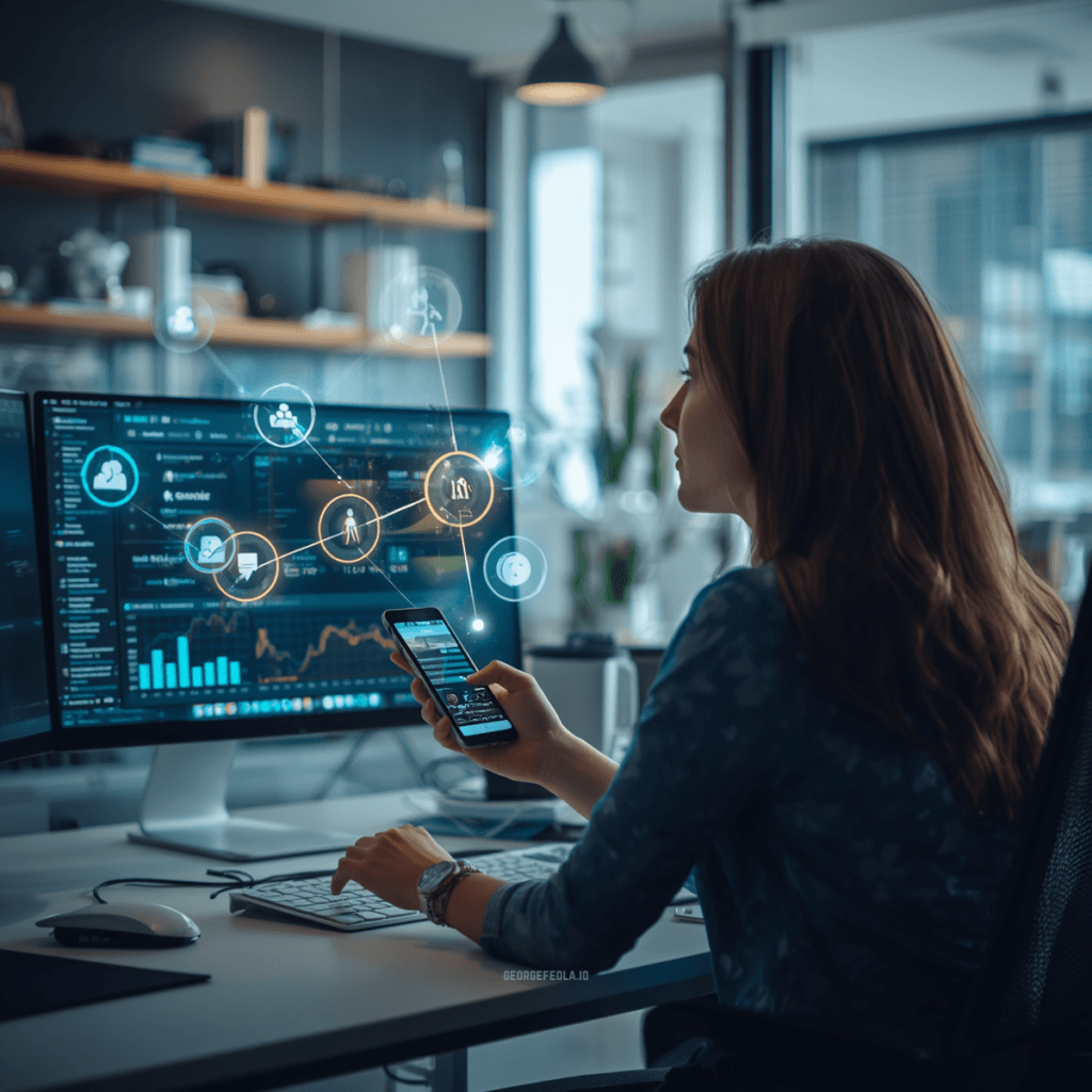 A marketer reviewing digital analytics and customer journey data across desktop and mobile screens, representing intentional marketing strategy.