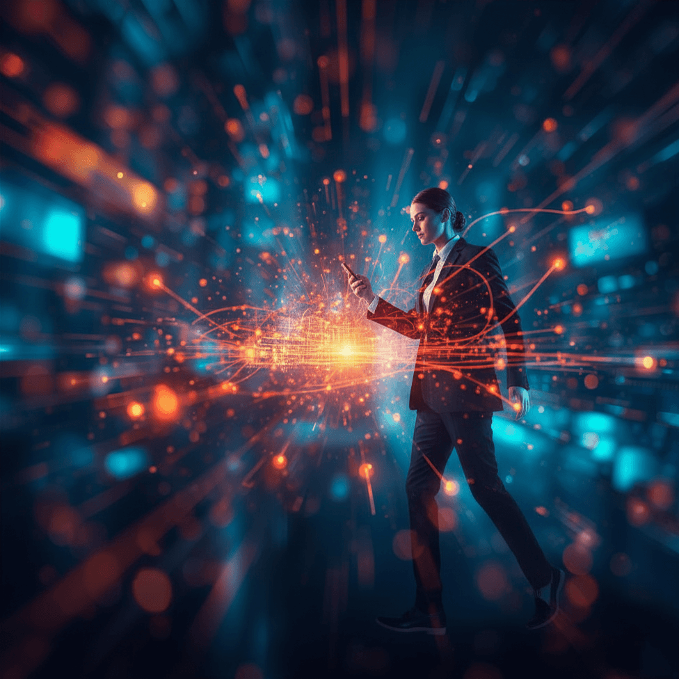 Business professional walking through a glowing digital data stream, symbolizing modern buyer behavior, marketing strategy, artificial intelligence, and the race to win the decision moment.