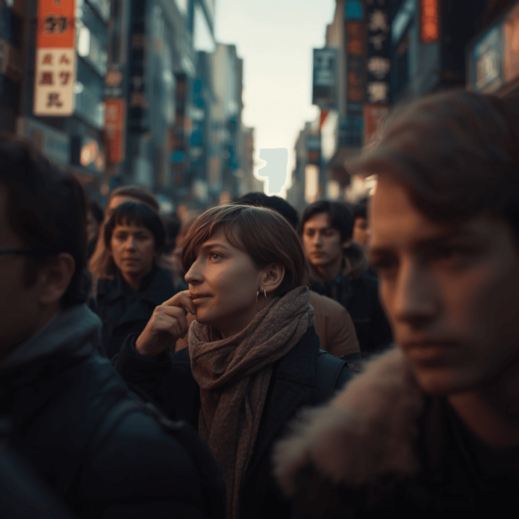 A woman standing thoughtfully in a crowded city street, surrounded by people and advertising signs, representing consumers tuning out marketing noise.