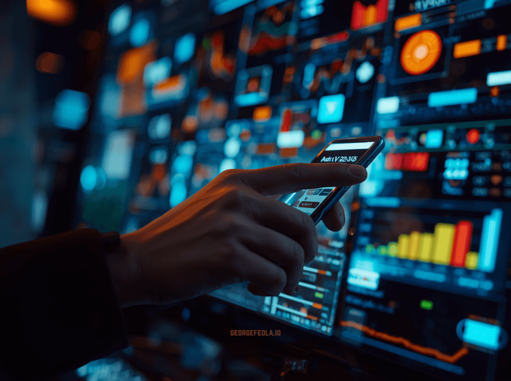 Hand using a smartphone in front of digital advertising dashboards displaying charts, analytics and campaign performance data.