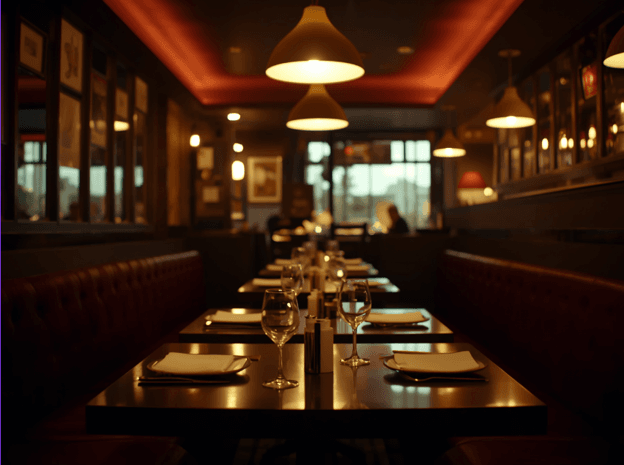 Warm, dimly lit restaurant dining room with set tables, wine glasses, booth seating, and pendant lights creating an inviting evening atmosphere.