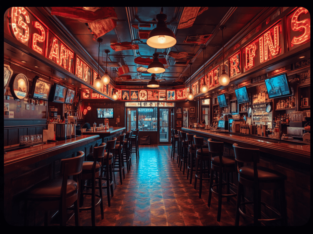 Interior of a neon-lit neighborhood bar with stools, televisions, beverage coolers, and a long central aisle.