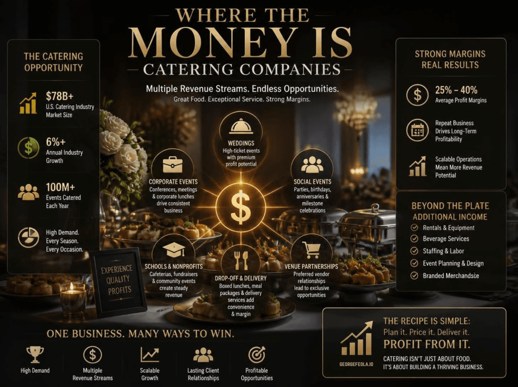 Where the Money Is infographic showing revenue streams and profit opportunities for catering companies, including weddings, corporate events, social events, delivery, nonprofit work, venue partners, rentals, staffing, and beverage service.