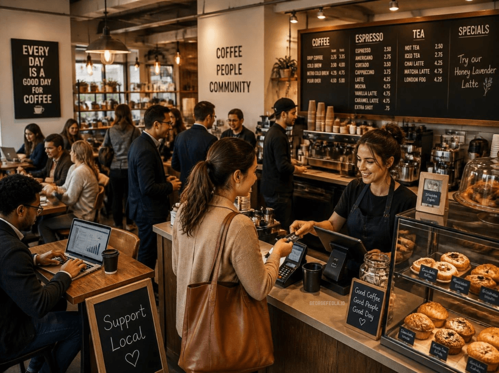 Busy independent coffee shop with customers ordering drinks, working on laptops, and socializing while a barista serves a customer at the counter beneath a large café menu.