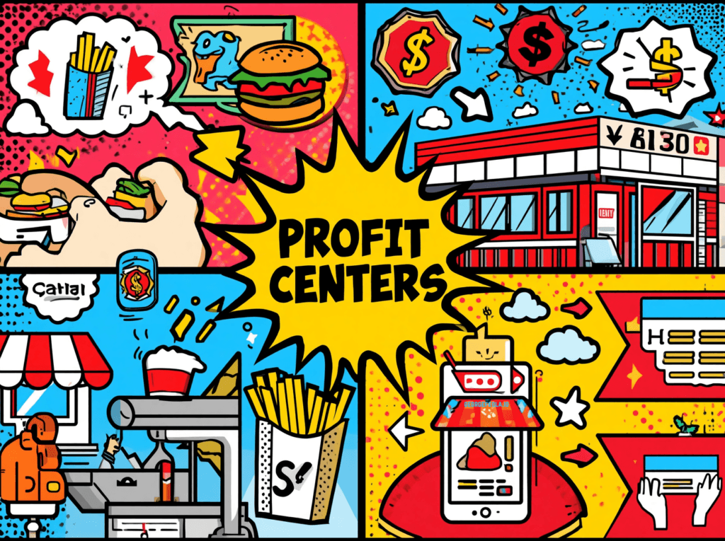Colorful pop-art illustration showing quick-service restaurant profit centers, including burgers, fries, drinks, digital ordering, catering, and a restaurant storefront.