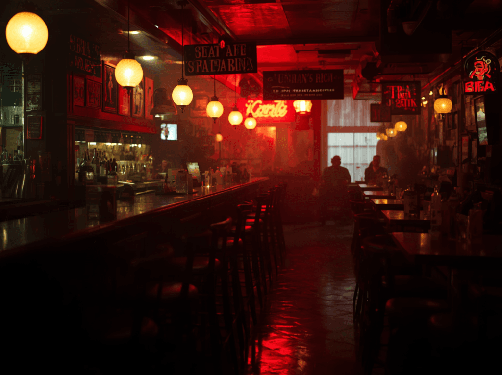Dimly lit bars and taverns interior with red neon lighting, bar stools, tables, and a rich nightlife atmosphere representing where local taverns make money.