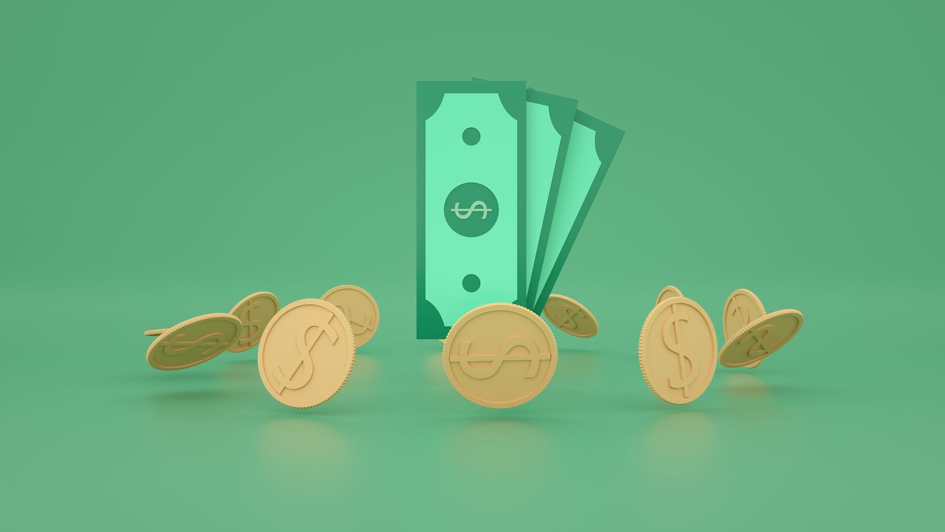 Green 3D illustration of paper money and gold coins representing revenue, profit, and business growth.