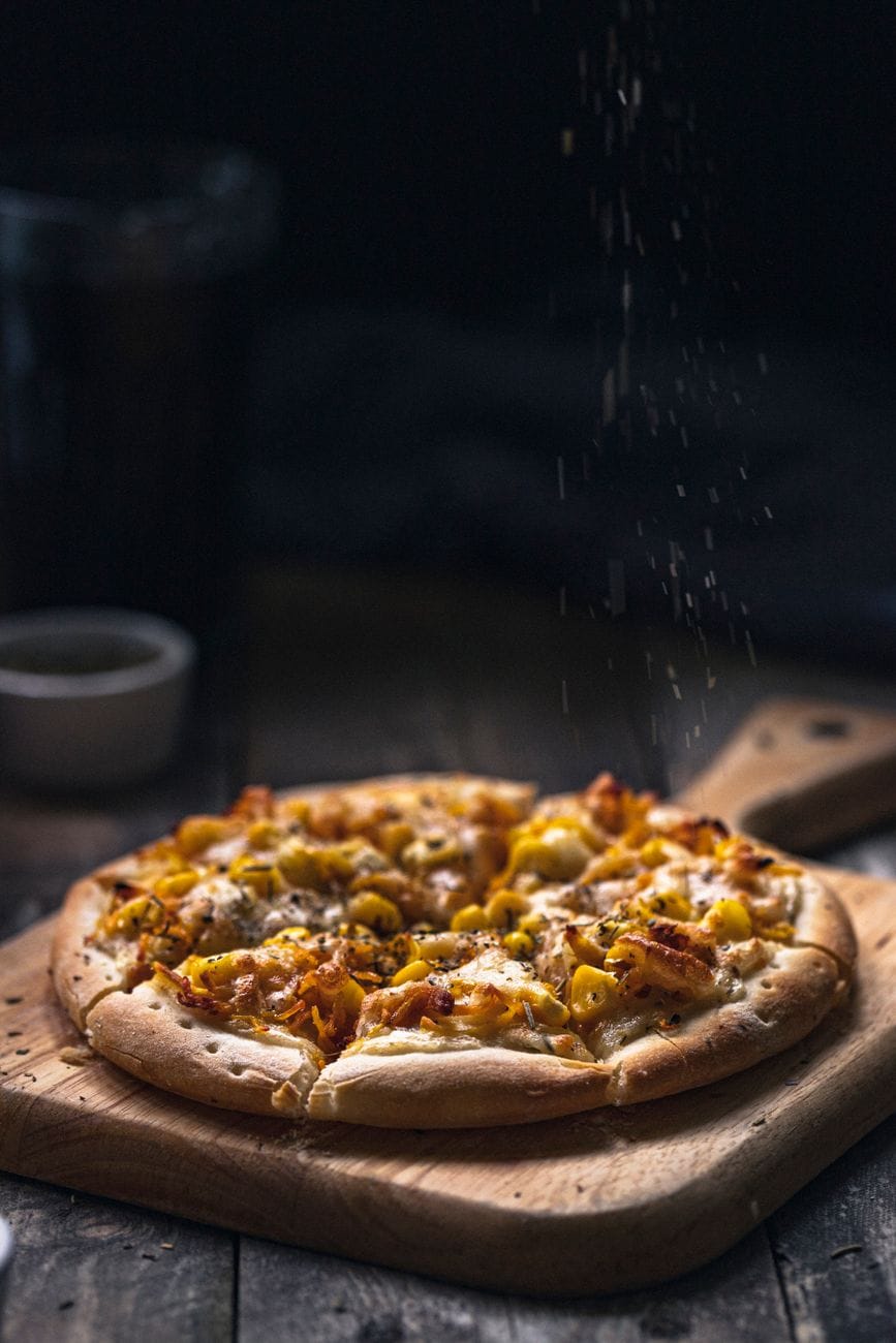 a homemade pizza on a tray