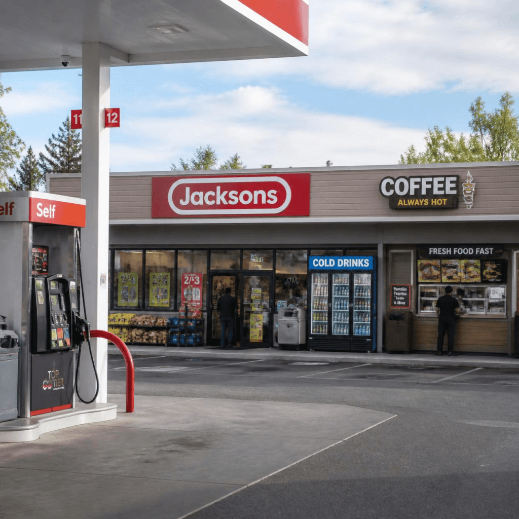 Fictional convenience store with gas pumps, coffee, cold drinks and fresh food available inside.