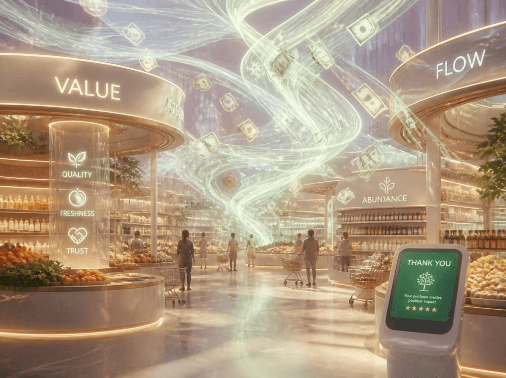 Futuristic grocery store with fresh produce, shoppers, floating dollar bills, and signs highlighting value, quality, freshness, trust, and abundance.