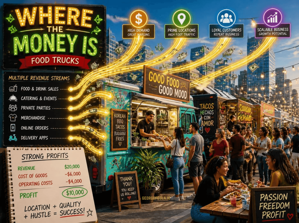 Food trucks serve a busy evening crowd as an infographic highlights key revenue sources, including food sales, catering, private events, online orders, delivery apps, and repeat customers.