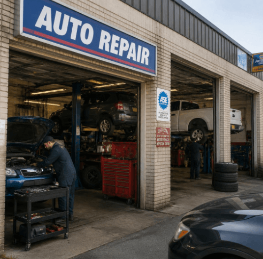 Mechanic works under a car’s hood outside an auto repair shop while vehicles are serviced inside.