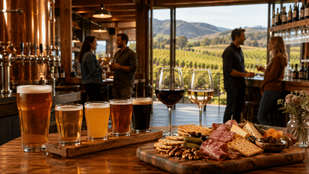 Craft beer flight, wine glasses, and charcuterie in a brewery and winery tasting room overlooking a vineyard.