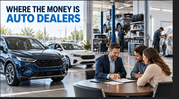 Auto dealers’ profit centers featuring vehicle sales, financing, service, parts, and collision repair.