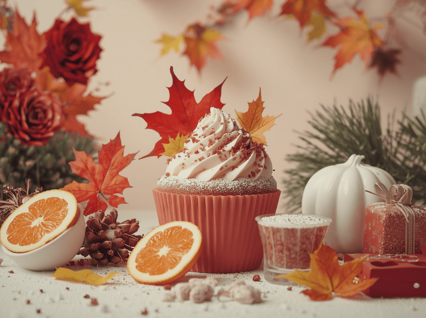 Cupcake with swirled frosting surrounded by autumn leaves, orange slices, a white pumpkin, and wrapped gifts.