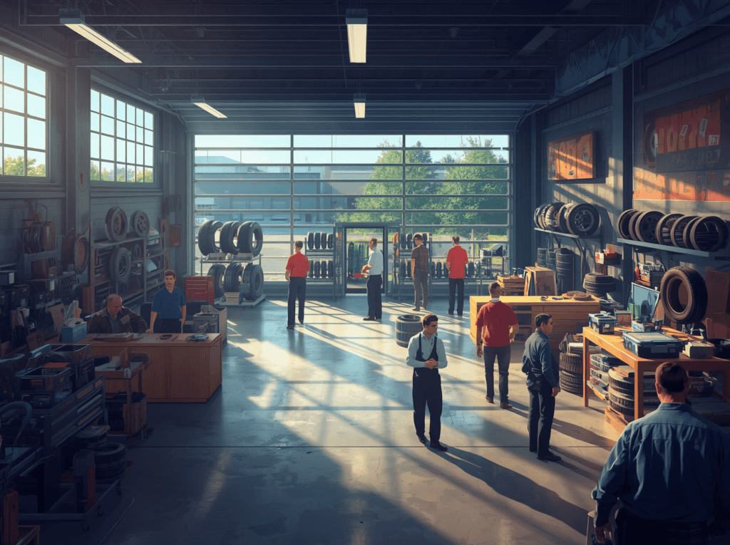 Illustration of a tire shop interior with staff, customers, tire racks, and service counters.